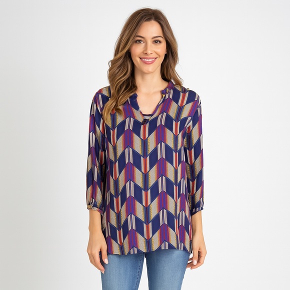Tulle V-Neck Chevron Blouse, Blue Multicolor, Size L - Picture 1 of 6